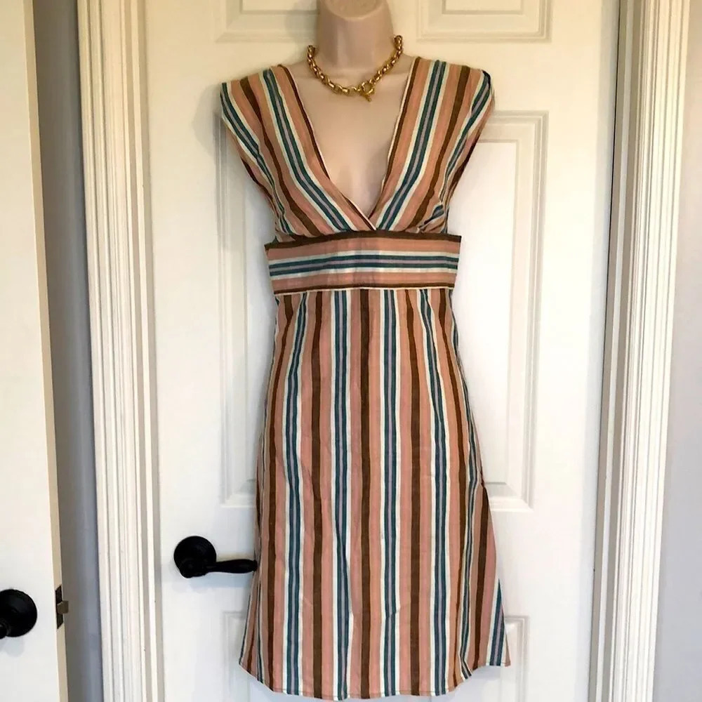 𝅺Vintage fancy MCM boho retro mod striped dress size small‎